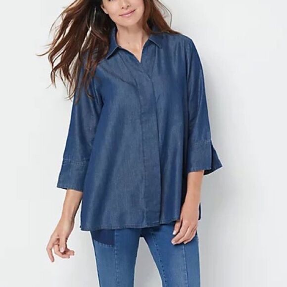 Martha Stewart Tops - Martha Stewart Chambray Button Front 3/4- Sleeve Hi-Low Hem Blouse